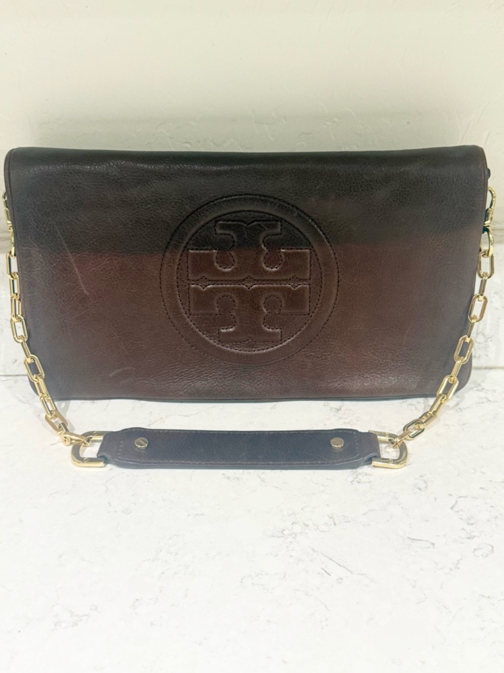Tory Burch Brown Leather Logo Chain Shoulder Bag